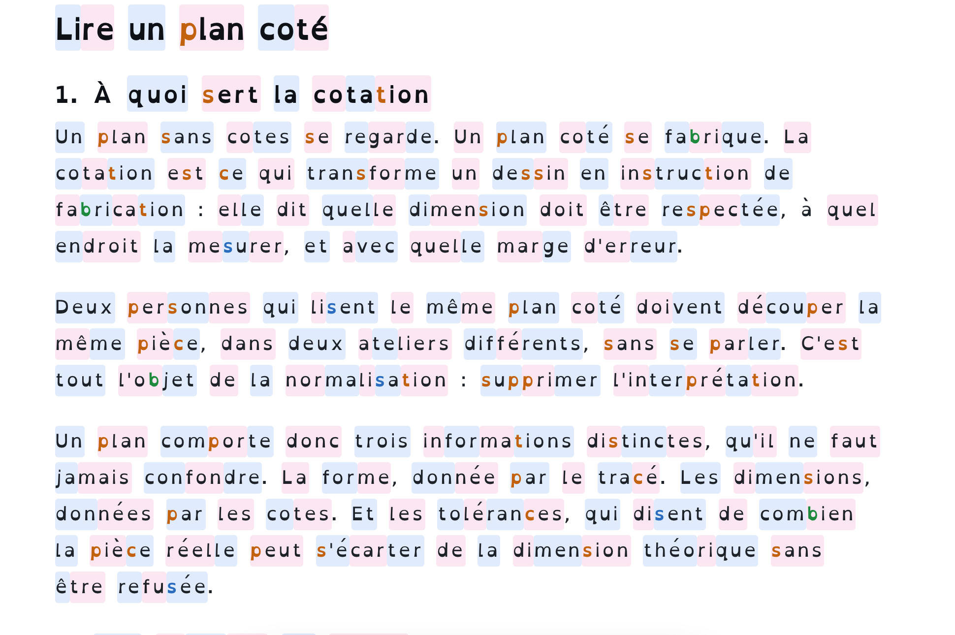 Le même cours en lecture adaptée : police OpenDyslexic, syllabes colorées en alternance, lettres repères en couleur, mots espacés, lignes aérées.